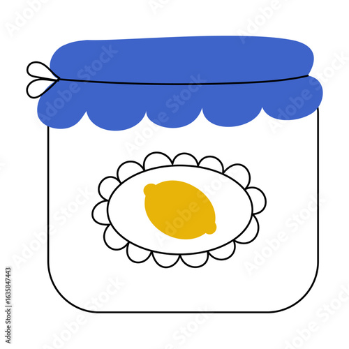 Lemon jam jar icon with fruit label isolated on white background.