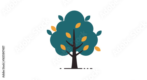 A stylized tree shedding autumn leaves, isolated on a white background for infographics