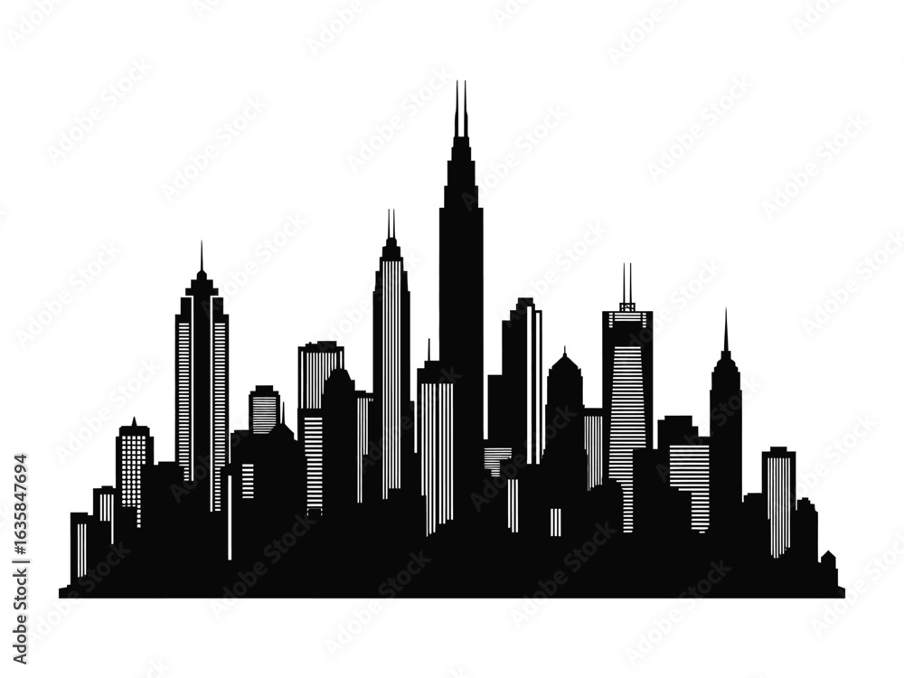 Fototapeta premium Urban Silhouette: A striking grayscale silhouette of a dynamic city skyline, filled with iconic skyscrapers, offering a minimalist yet impactful visual of urban landscape and architecture.