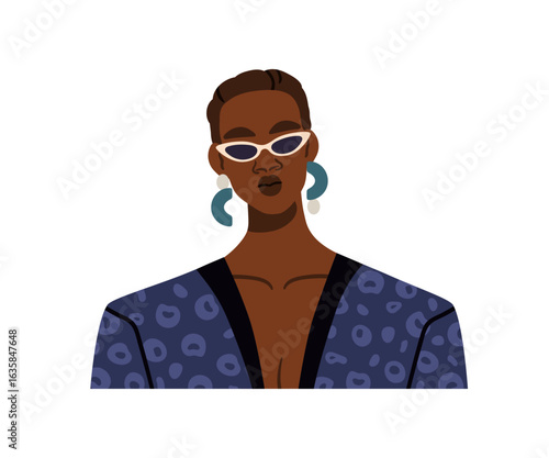 Black woman in fashion sunglasses, modern earrings, stylish outfit and access...
