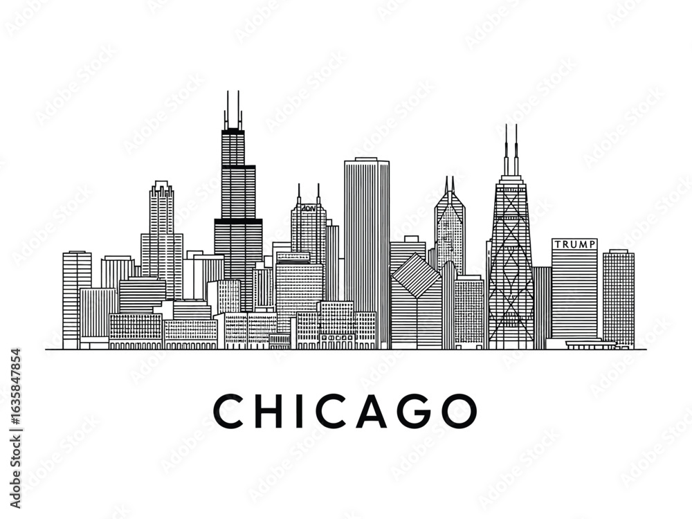 Obraz premium Chicago Skyline: A striking illustration of Chicago's iconic skyline, showcasing its towering skyscrapers and architectural diversity. This art piece captures the essence of a vibrant city.
