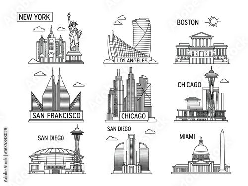 Iconic City Collection: A grayscale array of iconic architecture landmarks from prominent cities across the United States, offering a sleek and contemporary perspective of urban landscapes.