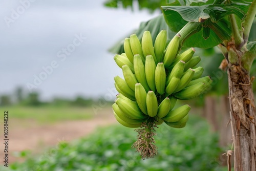 A bunch of green unripe bananas hanging from a banana tree against a blurry backdrop of vegetation