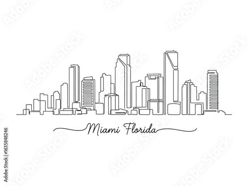 Miami Florida Skyline: A minimalist line art depiction of the Miami skyline, showcasing the iconic silhouette of the city's modern architecture, with a touch of artistic flair.