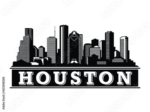 Houston Cityscape: The image showcases a stylized, grayscale skyline of a well-known urban center, boldly presenting its name against a neutral background.
