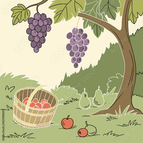 Vector art of grapes on a vine with a basket of apples and pears in a garden setting