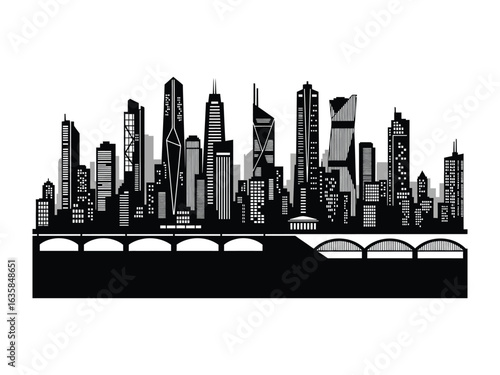 Cityscape Silhouette: An artful monochromatic depiction of an urban skyline, showcasing a cluster of towering buildings against a stark background.