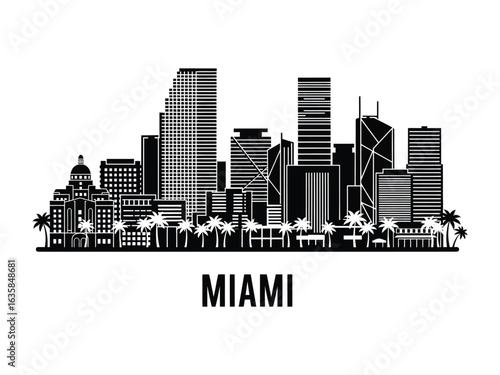 Miami Skyline: a monochromatic line art of Miami's iconic skyline, showcasing a city's modern architectural marvel.