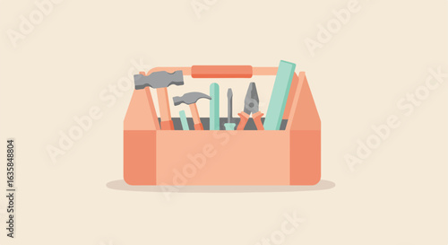 Toolbox with tools, repair home, beige background, home improvement, renovation use