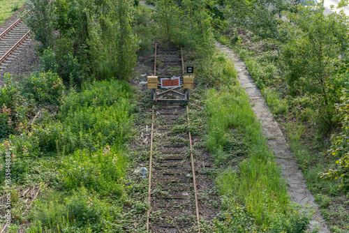 Fotografie An abandoned track ends in a buffer stop, completely overgrown with wild plants