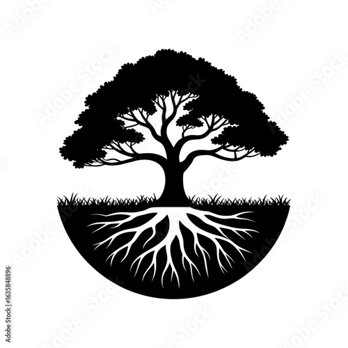 tree with strong roots silhouette representing growth and foundation