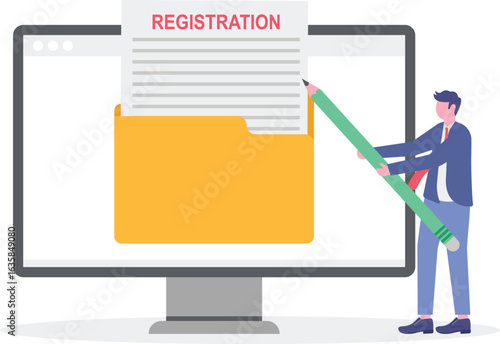 Flat illustration of professional businessman write resignation email with fountain pen career change quit job letter leave company
