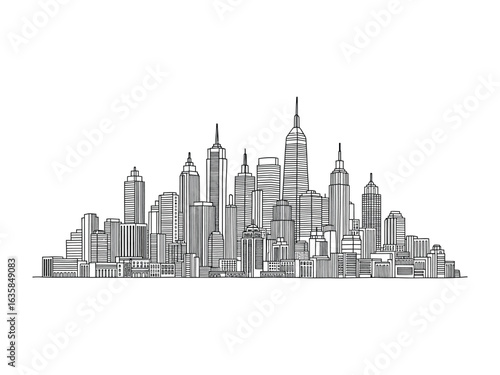 Cityscape Sketch: A monochrome illustration of a dynamic urban skyline with towering buildings, reflecting a bustling metropolis. 