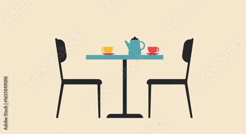 Tea setting for two on table with chairs in cafe illustration on plain background