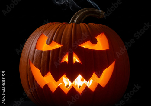 Spooky smoking Jack-o'-lantern with a scary glowing face for Halloween celebration.