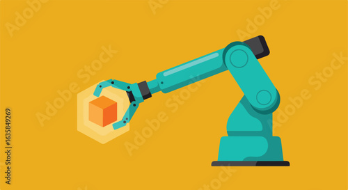 Robotic arm picking up cube with yellow light in foreground for automated design