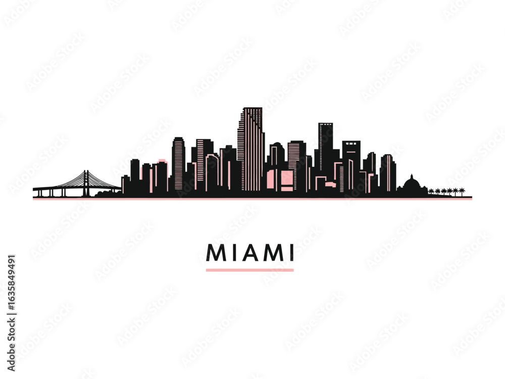 Fototapeta premium Miami City Skyline Silhouette: A sleek and stylish silhouette of the iconic Miami cityscape, a symbol of urban elegance, featuring a minimalist design with clean lines and a modern aesthetic.