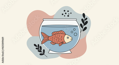 Fish swims in a bowl, background with abstract design elements for use in blogs