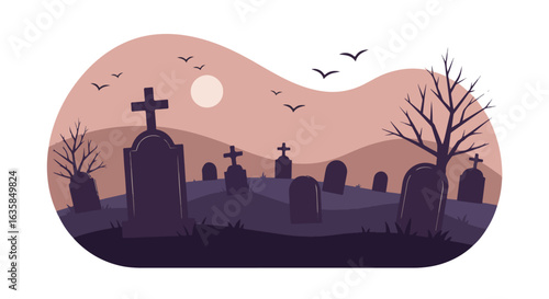 Spooky graveyard on a hill with tombstones, bare trees, birds, moon. Halloween use