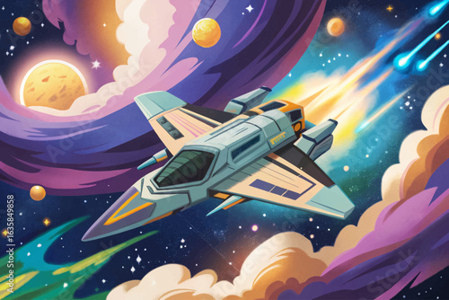 Futuristic spaceship soars through a star-filled galaxy with a glowing nebula backdrop. Sci-fi space exploration concept fantasy artwork, games, and cosmic-themed design