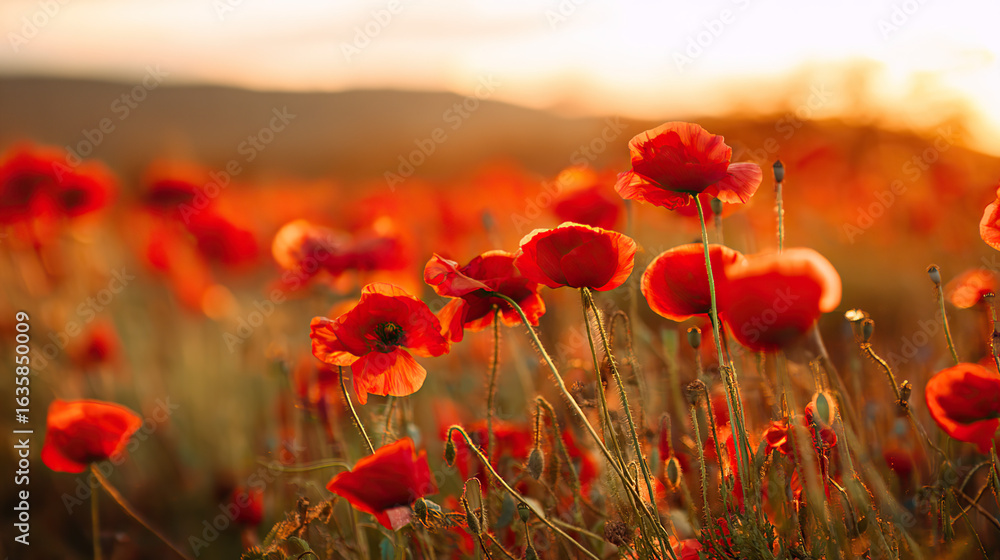 Fototapeta premium Vibrant red poppies glowing under the golden light of a sunset.
