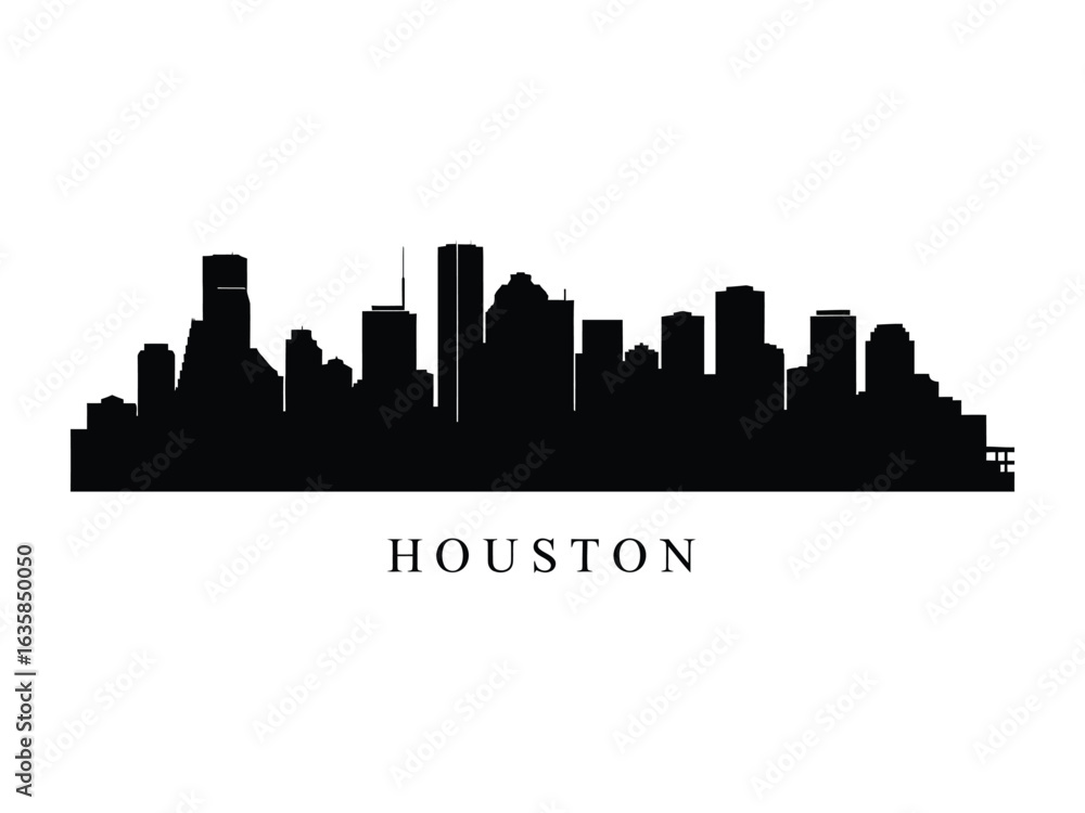 Naklejka premium Houston Skyline Silhouette: A stark black and white silhouette of the iconic Houston skyline, depicting the city's modern architecture.