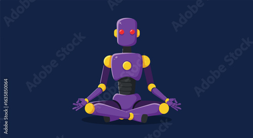 Robot sits, meditates, on solid background for use as tech, AI, mindfulness icon