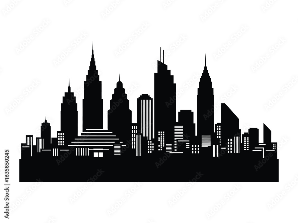 Fototapeta premium Cityscape Silhouette: An abstract depiction of a modern cityscape silhouette, showcasing the elegant architecture of towering skyscrapers against a clear sky.