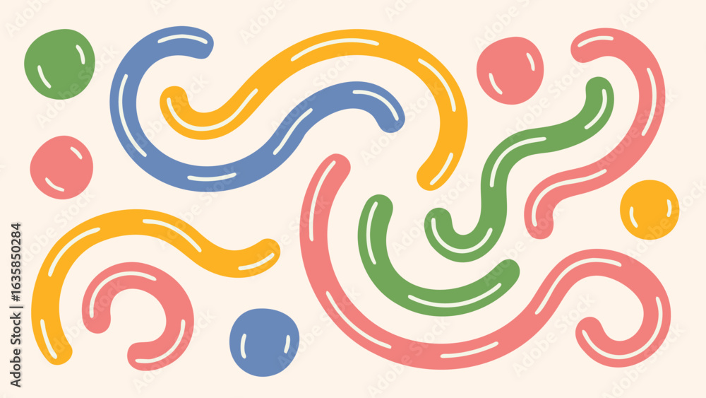 Fototapeta premium Illustration of colorful curved lines and circles on a light background creating a playful design