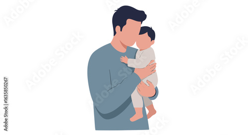Father hugs baby. Plain backdrop. For family planning/parenting illustration