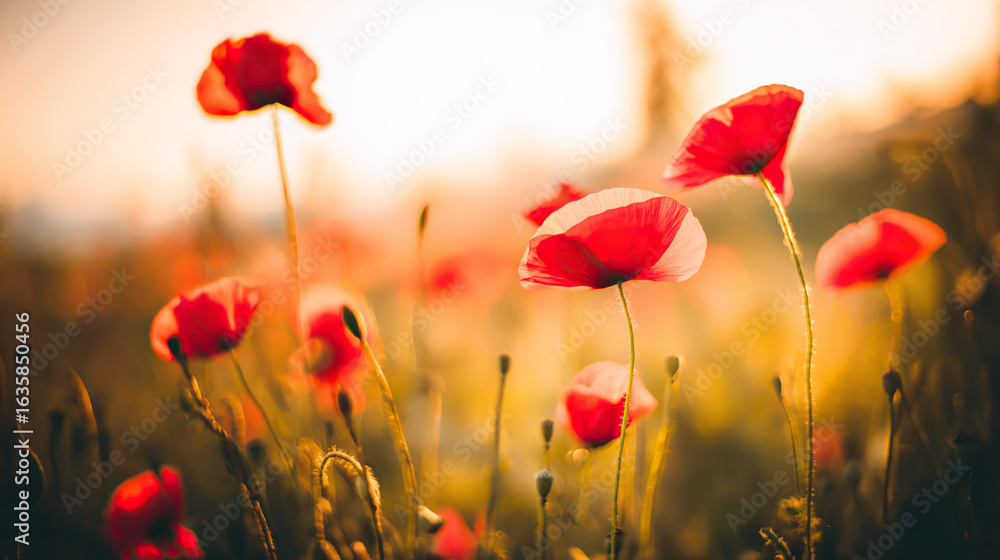 Fototapeta premium Vibrant red poppies glowing under the golden light of a sunset.