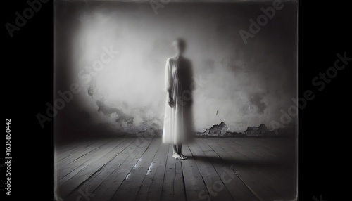 Ghostly female figure in black and white inside an old empty room