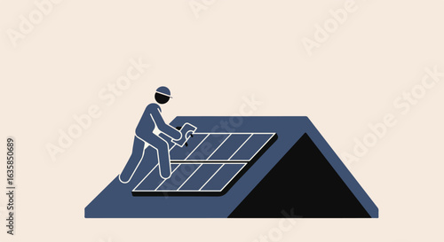 Person installing solar panels on a roof. Blank background for copy placement