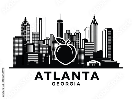 Atlanta Cityscape: A stark black and white silhouette of the Atlanta skyline, with the iconic peach emblem prominently displayed against a clear sky.