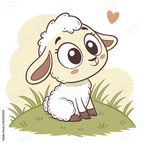 Vector art of cute cartoon baby sheep with big eyes sitting on green grass with a small heart above