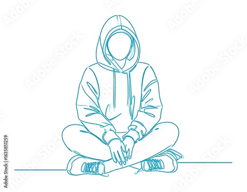 A person seated in a hoodie, in continuous line drawing