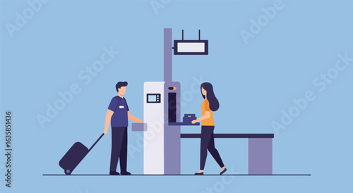 Travelers check in using a machine at a transportation terminal station
