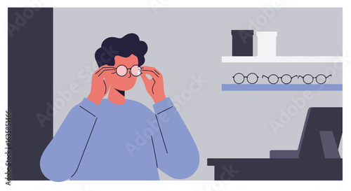 Man trying eyewear in optical shop with glasses shelf, desk behind for apps