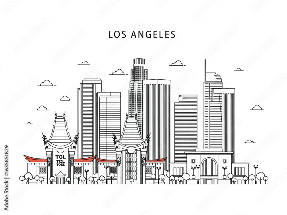 Fototapeta premium Los Angeles Skyline: The minimalist illustration style presents the iconic buildings of Los Angeles, capturing the essence of urban sophistication and Hollywood glamour. 