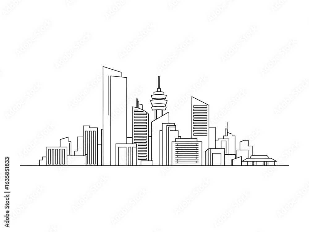 Fototapeta premium Urban Skyline: A stark, minimalist line art depiction of a modern city skyline, showcasing a cluster of skyscrapers and architectural forms, evoking a sense of urban dynamism.