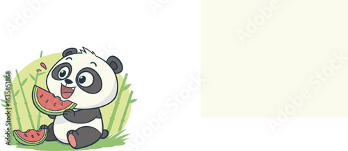 Vector art of cute cartoon panda bear happily eating a juicy slice of watermelon in a grassy field