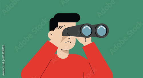 Person looking through binoculars. Plain green background. Searching for something