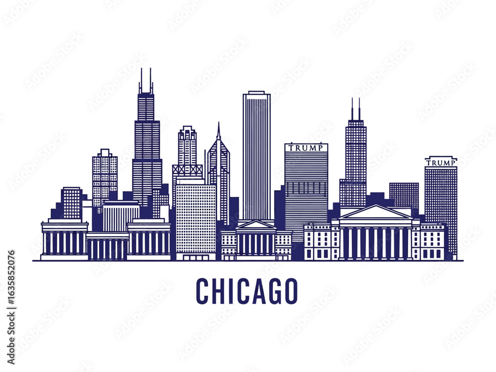 Naklejka premium Chicago Skyline: A stylized representation of Chicago's iconic skyline, showcasing its architectural grandeur and urban essence. The silhouette emphasizes the city's modernity.