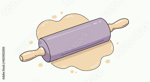 Rolling pin flattens dough on table with spots; food illustration for recipes