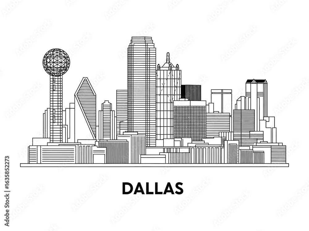 Obraz premium Dallas Skyline Silhouette: An artistic and modern linear portrayal of the Dallas skyline, featuring iconic architectural elements, with its imposing buildings, a testament to the city's grandeur.