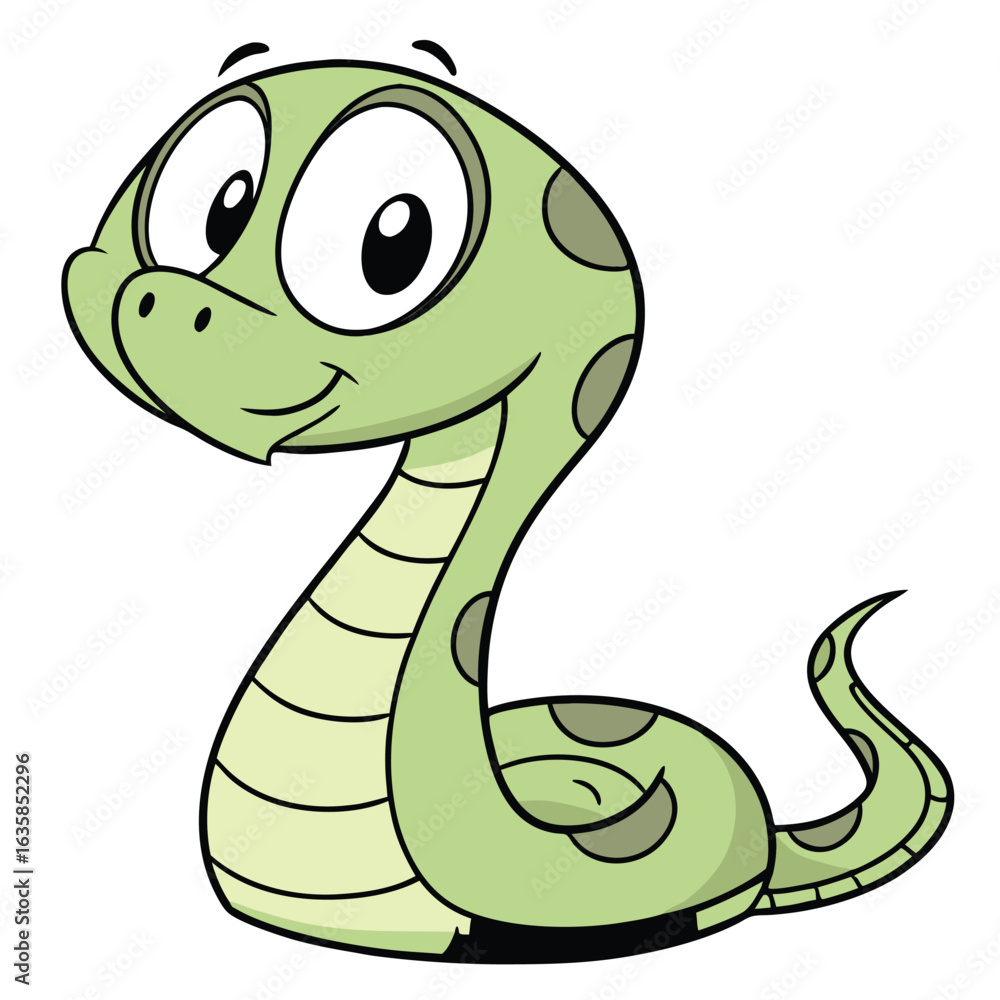Fototapeta premium Vector art of cute cartoon green snake with spots, isolated on white background