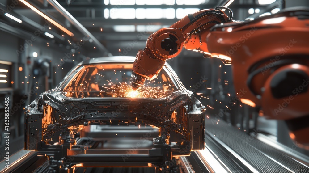 Fototapeta premium Automated car bodywork assembly in a modern factory. A robotic arm performs a welding task on a car chassis, sparks flying