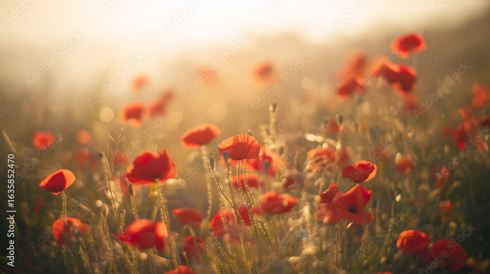 Fototapeta premium Vibrant red poppies glowing under the golden light of a sunset.