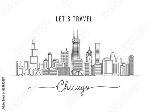 Chicago Cityscape Travel Illustration: A minimalist line drawing captures the iconic skyline of Chicago, perfect for travel enthusiasts and design lovers. Capturing the city's urban charm in a simple.