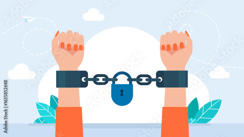 Punishment for a crime committed by a businesswoman. Female hands in handcuffs. Woman in handcuffs. Arrest of a businesswoman. Divorce concept. Vector illustration